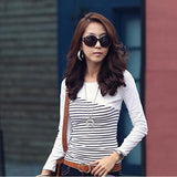 T Shirt Wanita Cantik -  Striped Long Sleeve Tops Cotton Casual - Cantik Menawan