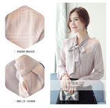 Baju Wanita Chiffon Blouse Plaid Elegant Collar Bow Style Korea - Cantik Menawan