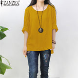 Blouse Wanita Retro O Neck Long Sleeve Split Baggy Cotton Linen Casual Loose - Cantik Menawan