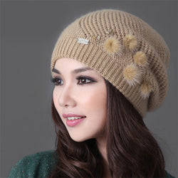 Topi Rajut Wanita Cantik -  Double Layer Rabbit Hair Knitted Hat Elegant Casual Wool - Cantik Menawan