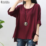 Blouse Wanita Retro O Neck Long Sleeve Split Baggy Cotton Linen Casual Loose - Cantik Menawan