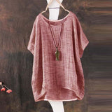 Blouse Wanita Terbaru Lengan Pendek O Neck Short Batwing Loose Cotton Linen + Kalung Kayu Model Ikan - Cantik Menawan